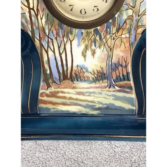 Vintage Landscape Painted Pottery Mantle Clock Germany Decor Art Nouveau